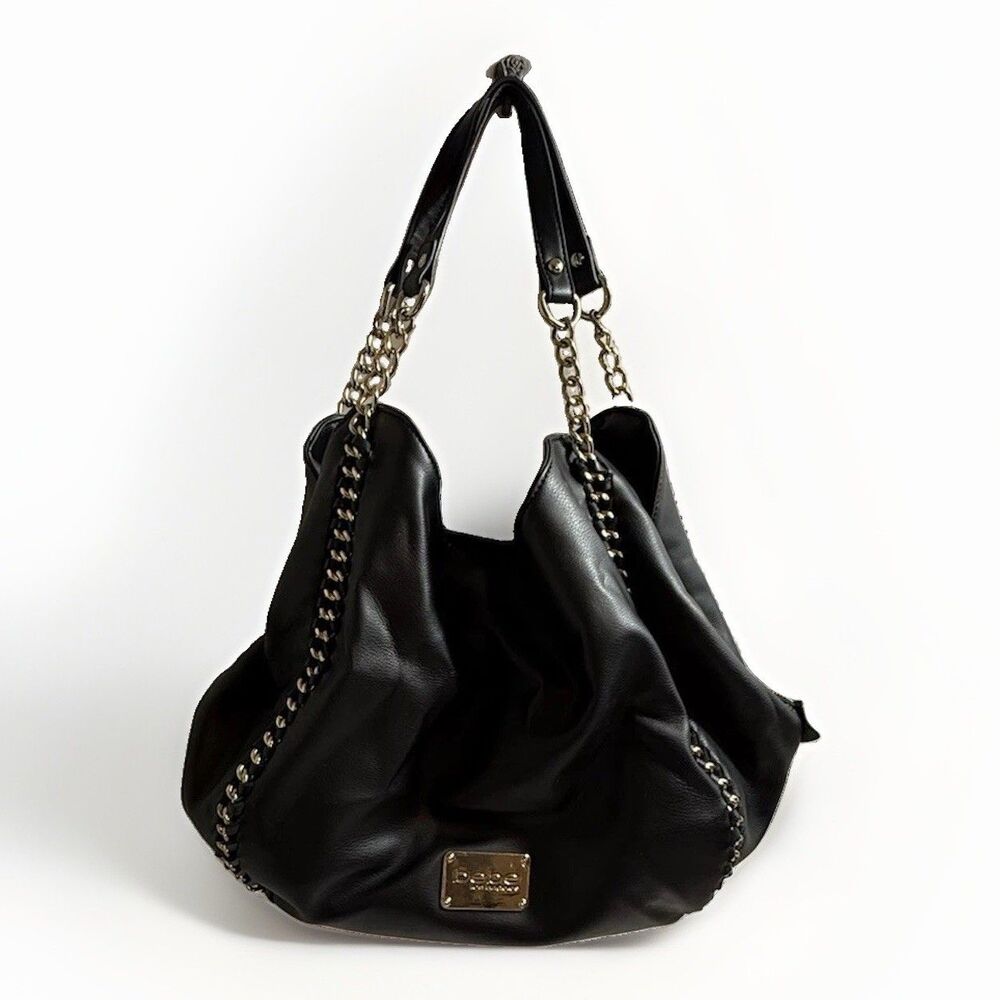 Bebe Las Angeles Black Leather Purse With Chain Decor